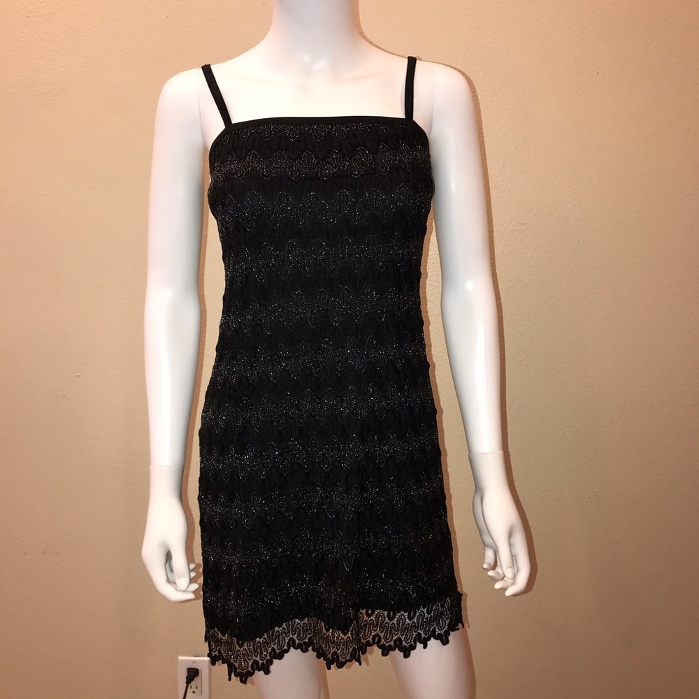 Vintage y2k Black Mini Dress Size M Junior Silver Metallic Sleeveless Lace Trim